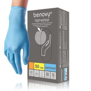 Перчатки нитриловые Benovy, голубые, L, 50пар Перчатки нитриловые Benovy, голубые, L, 50пар