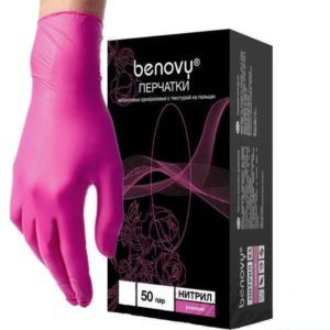 Перчатки нитриловые Benovy, ярко-розовые, M, 50пар Перчатки нитриловые Benovy, ярко-розовые, M, 50пар